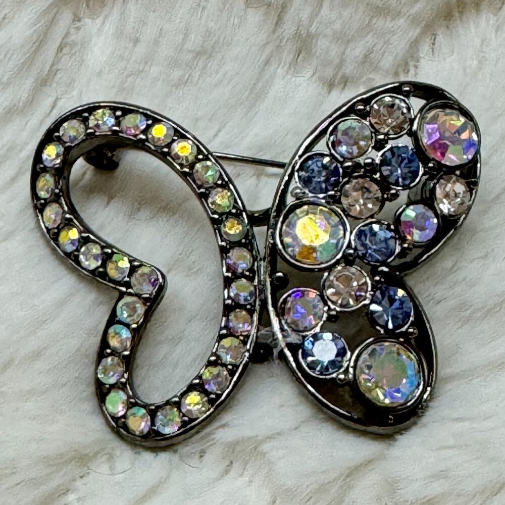 Butterfly Brooch Pin Aurora Borealis Crystals and Hematite by Lia Sophia Retired